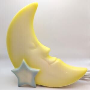 Vintage Celestial Whimsigoth Crescent Moon Face Star Yellow Blue Accent Lamp
